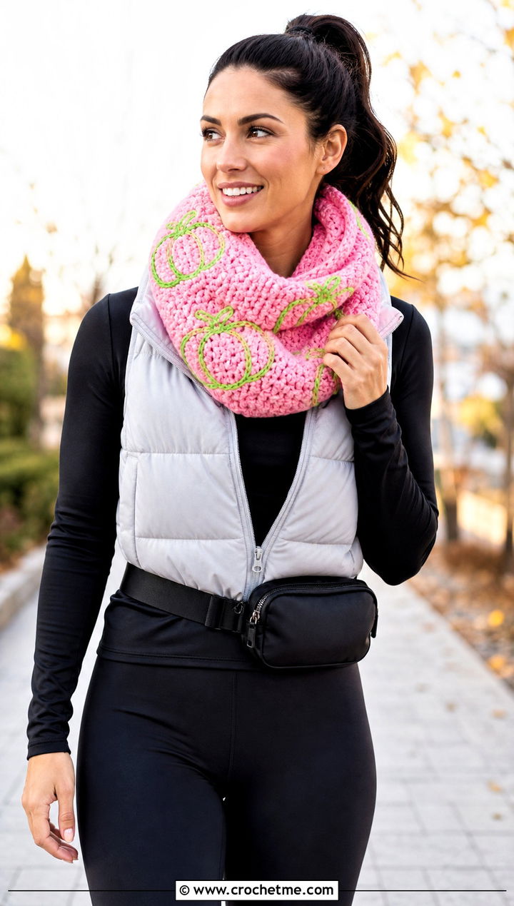 Pumpkin Infinity Scarf With Athleisure Outfit - 15 crochet pumpkin scarf outfit ideas