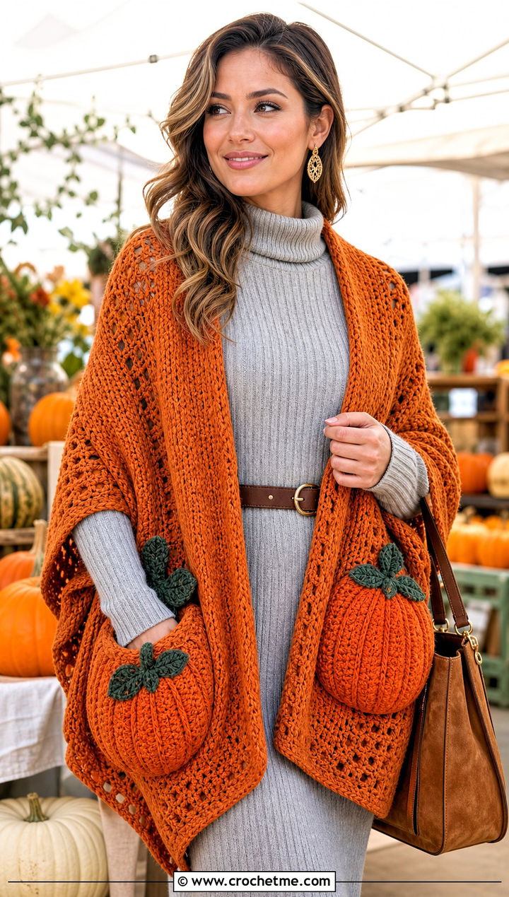 Pumpkin Motif Pocket Crochet Halloween Shawl With Sweater Dress - 20 Crochet Halloween Shawl outfit ideas
