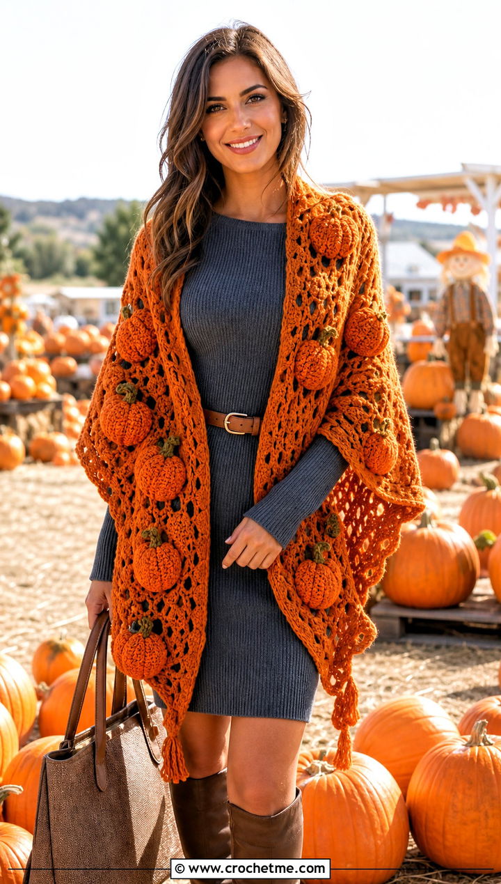 Pumpkin Motif Shawl With Sweater Dress and Knee High Boots - 25 halloween crochet shawl outfit ideas