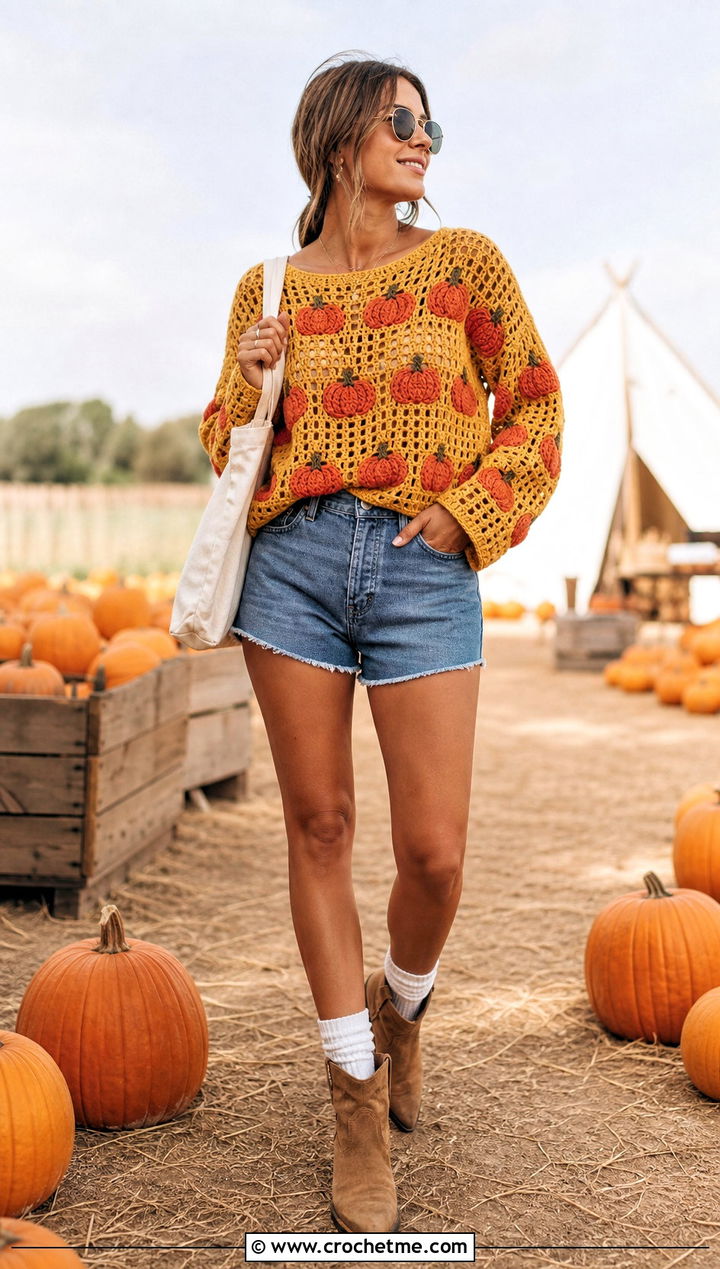 Pumpkin Patch Crochet Halloween Sweater With Denim Shorts - 35 Crochet Halloween Sweater outfit ideas