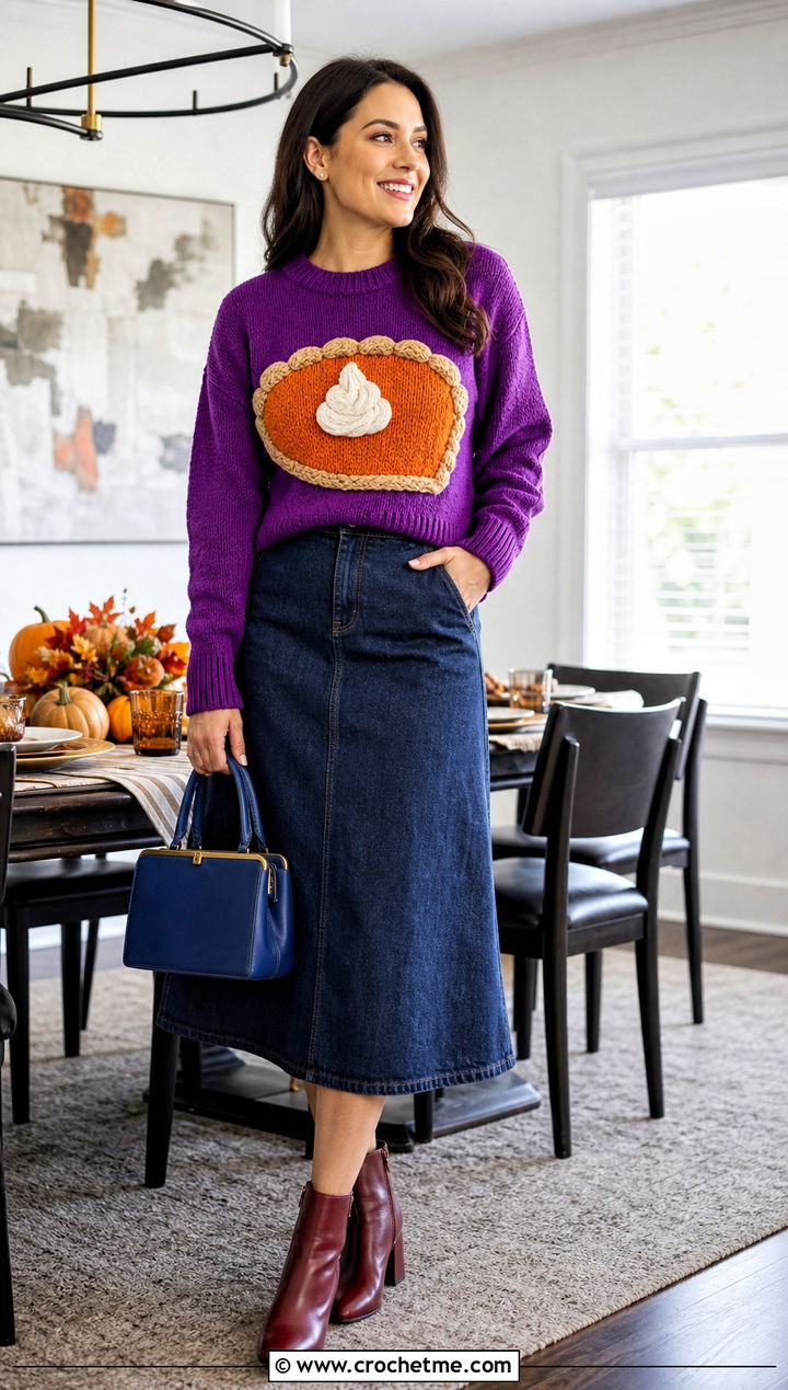 Pumpkin Pie Applique Crochet Sweater With A Line Skirt - 25 Crochet Thanksgiving Sweater outfit ideas