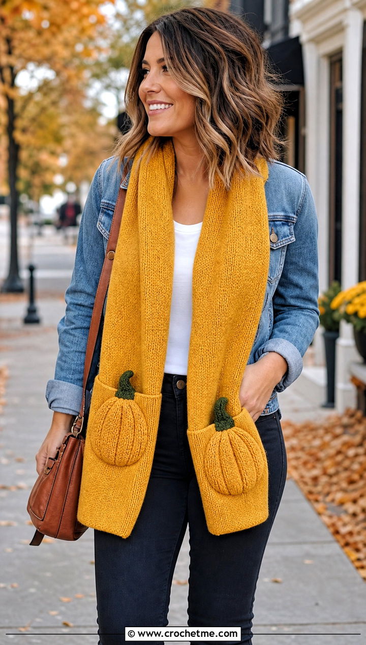 Pumpkin Pocket Scarf With Denim Jacket - 15 crochet pumpkin scarf outfit ideas