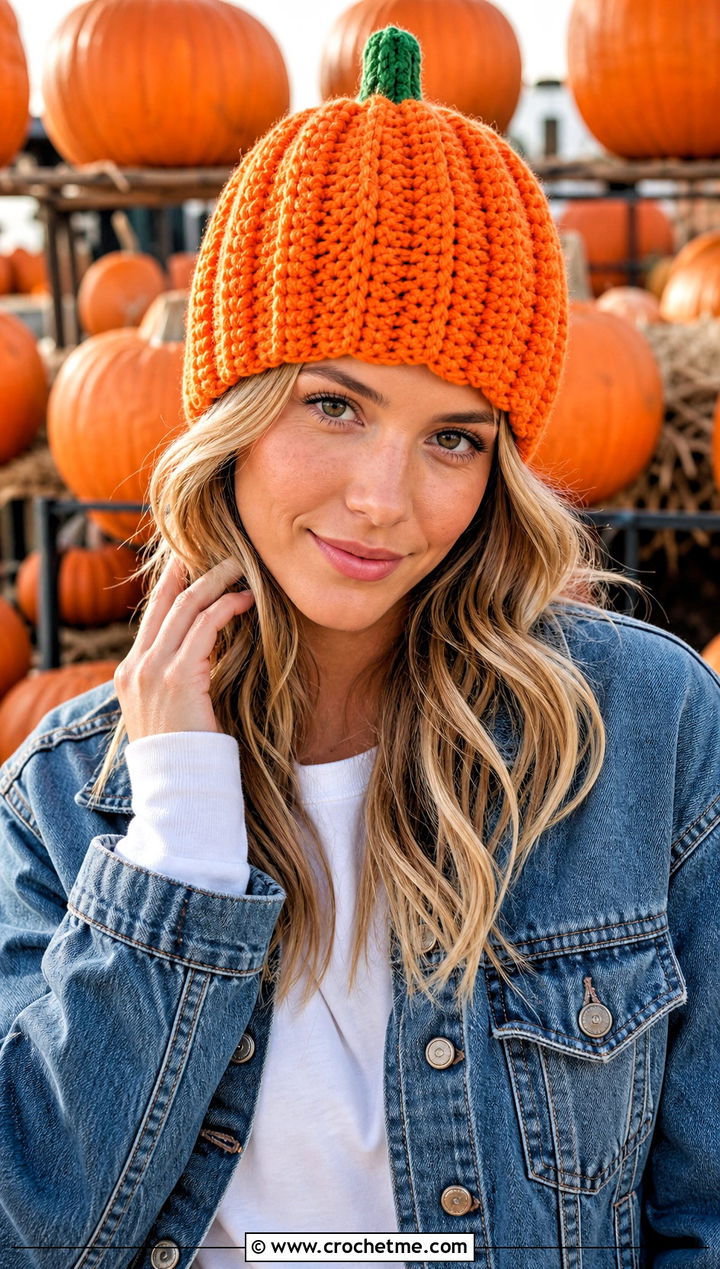 Pumpkin Ribbed Beanie With Denim Jacket - 25 Halloween Crochet Beanies outfit ideas