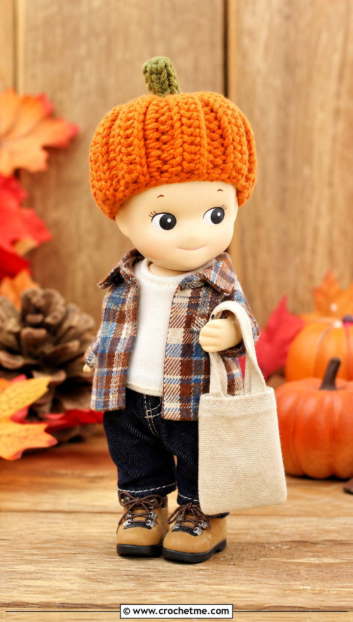 Pumpkin Sonny Angel Crochet Hat With Plaid Shacket - 30 sonny angel crochet hat outfit ideas