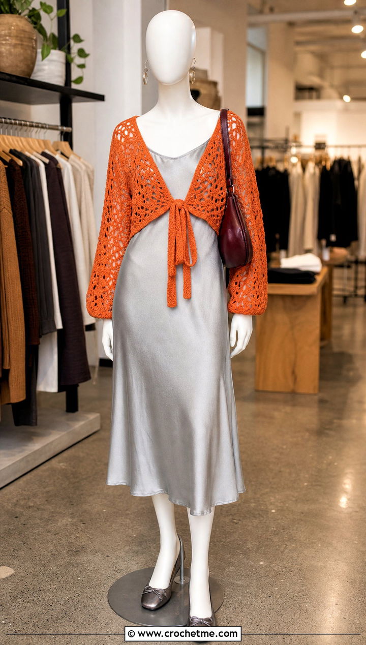 Pumpkin Tie Front Crochet Top Over A Slip Dress - 15 orange crochet top on mannequin outfit ideas