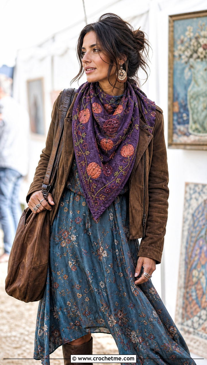 Pumpkin Triangle Scarf With Boho Maxi Dress - 15 crochet pumpkin scarf outfit ideas