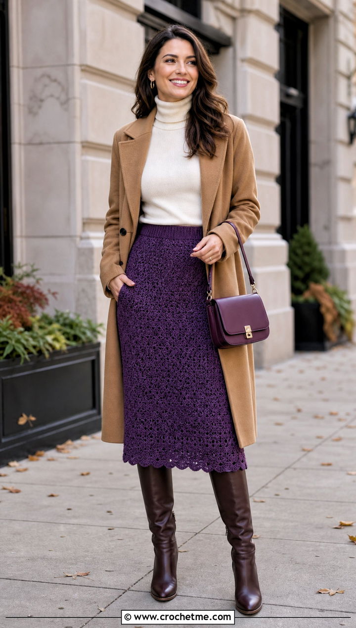 Purple A Line Crochet Skirt With Fitted Turtleneck - 30 purple crochet skirt outfit ideas