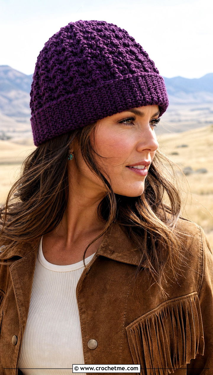 Purple Alpine Stitch Crochet Beanie With Western Jacket - 30 purple crochet beanie outfit ideas