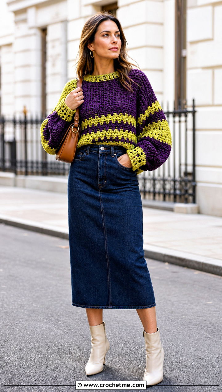 Purple And Yellow Balloon Sleeve Sweater With Denim Midi Skirt - 15 purple and yellow crochet sweater outfit ideas