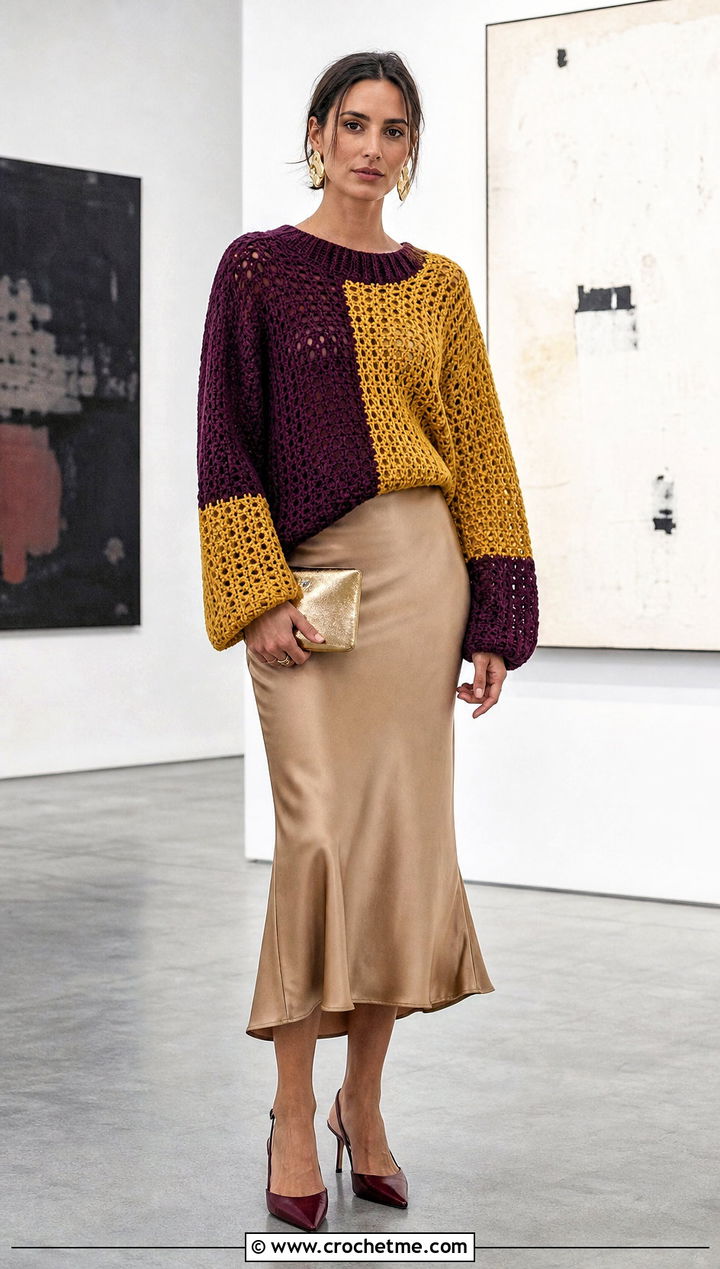 Purple And Yellow Color Block Sweater With Satin Midi Skirt - 15 purple and yellow crochet sweater outfit ideas