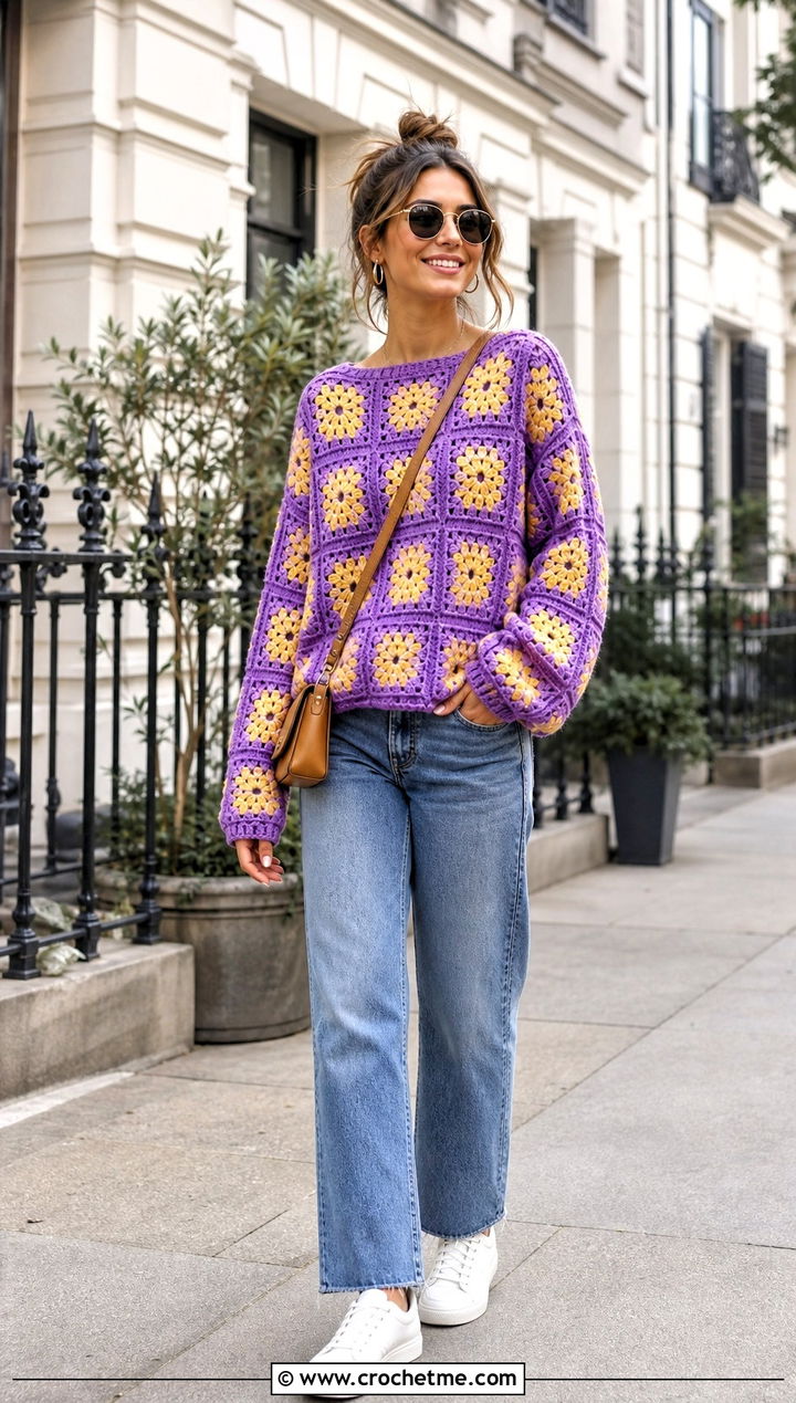 Purple And Yellow Granny Square Sweater With Straight Leg Jeans - 15 purple and yellow crochet sweater outfit ideas