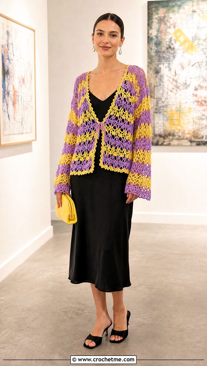 Purple And Yellow Lace Stitch Sweater With Slip Dress - 15 purple and yellow crochet sweater outfit ideas