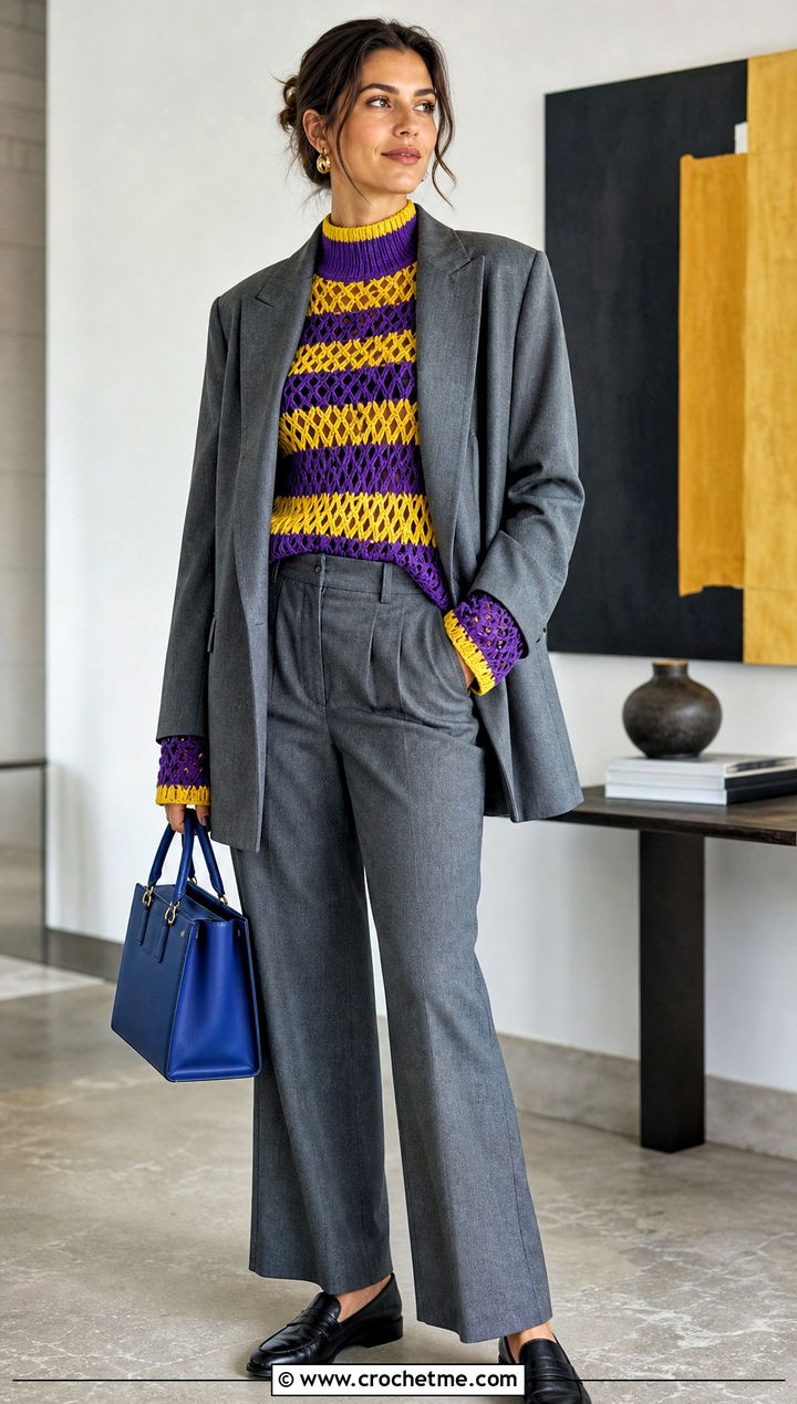 Purple And Yellow Mock Neck Sweater With Suit - 15 purple and yellow crochet sweater outfit ideas