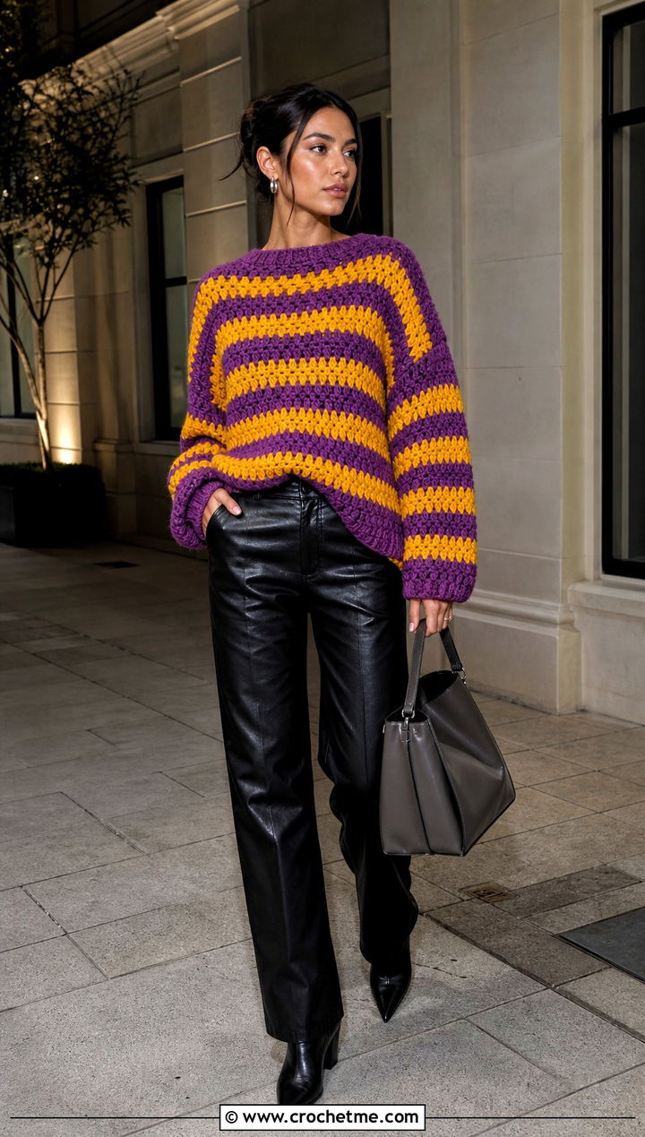 Purple And Yellow Oversized Sweater With Leather Pants - 15 purple and yellow crochet sweater outfit ideas