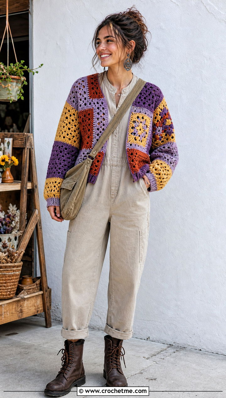 Purple And Yellow Patchwork Sweater With Utility Jumpsuit - 15 purple and yellow crochet sweater outfit ideas