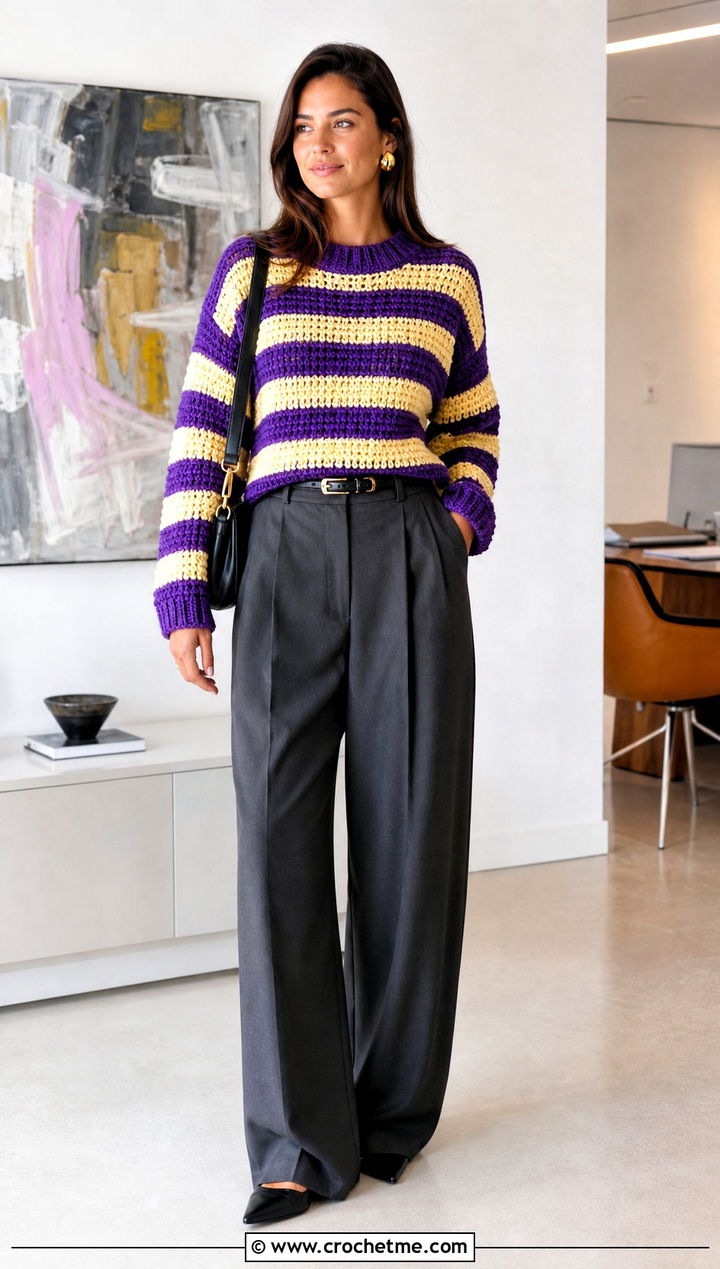 Purple And Yellow Striped Crewneck Sweater With Tailored Trousers - 15 purple and yellow crochet sweater outfit ideas