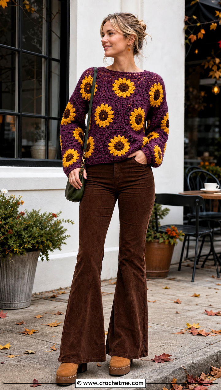 Purple And Yellow Sunflower Sweater With Corduroy Pants - 15 purple and yellow crochet sweater outfit ideas