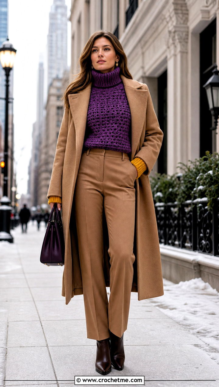 Purple And Yellow Turtleneck Sweater With Wool Trousers - 15 purple and yellow crochet sweater outfit ideas