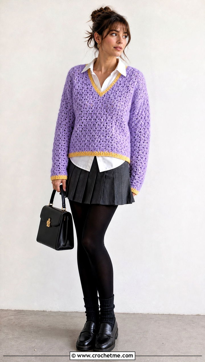 Purple And Yellow V Neck Sweater With Pleated Mini Skirt - 15 purple and yellow crochet sweater outfit ideas