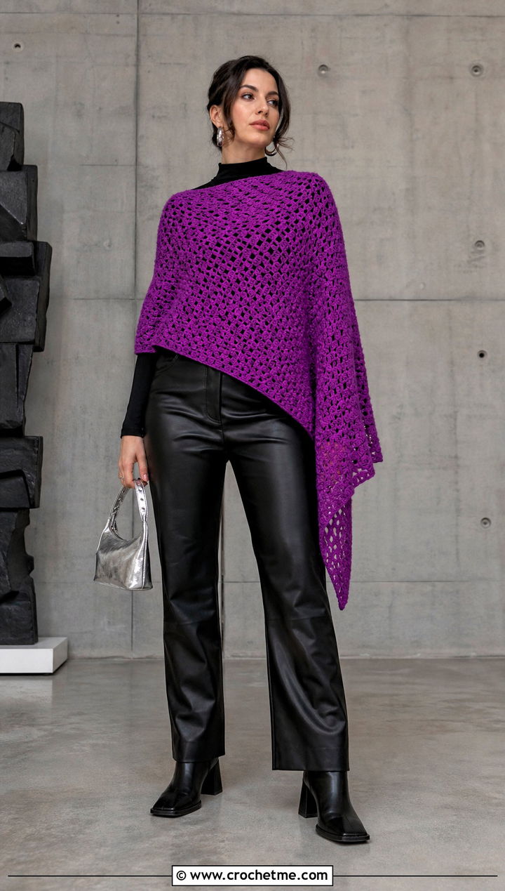 Purple Asymmetrical Crocheted Poncho With Leather Pants - 15 Purple Crocheted Poncho outfit ideas