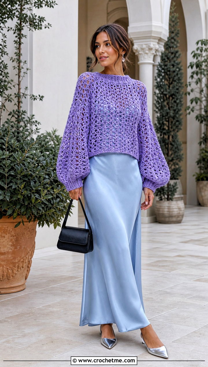 Purple Balloon Sleeve Crochet Sweater With Slip Dress - 30 Crochet Purple Sweater outfit ideas