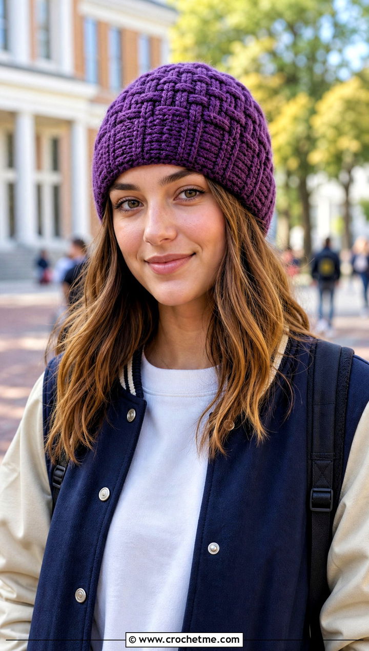 Purple Basketweave Crochet Beanie With Varsity Jacket - 30 purple crochet beanie outfit ideas