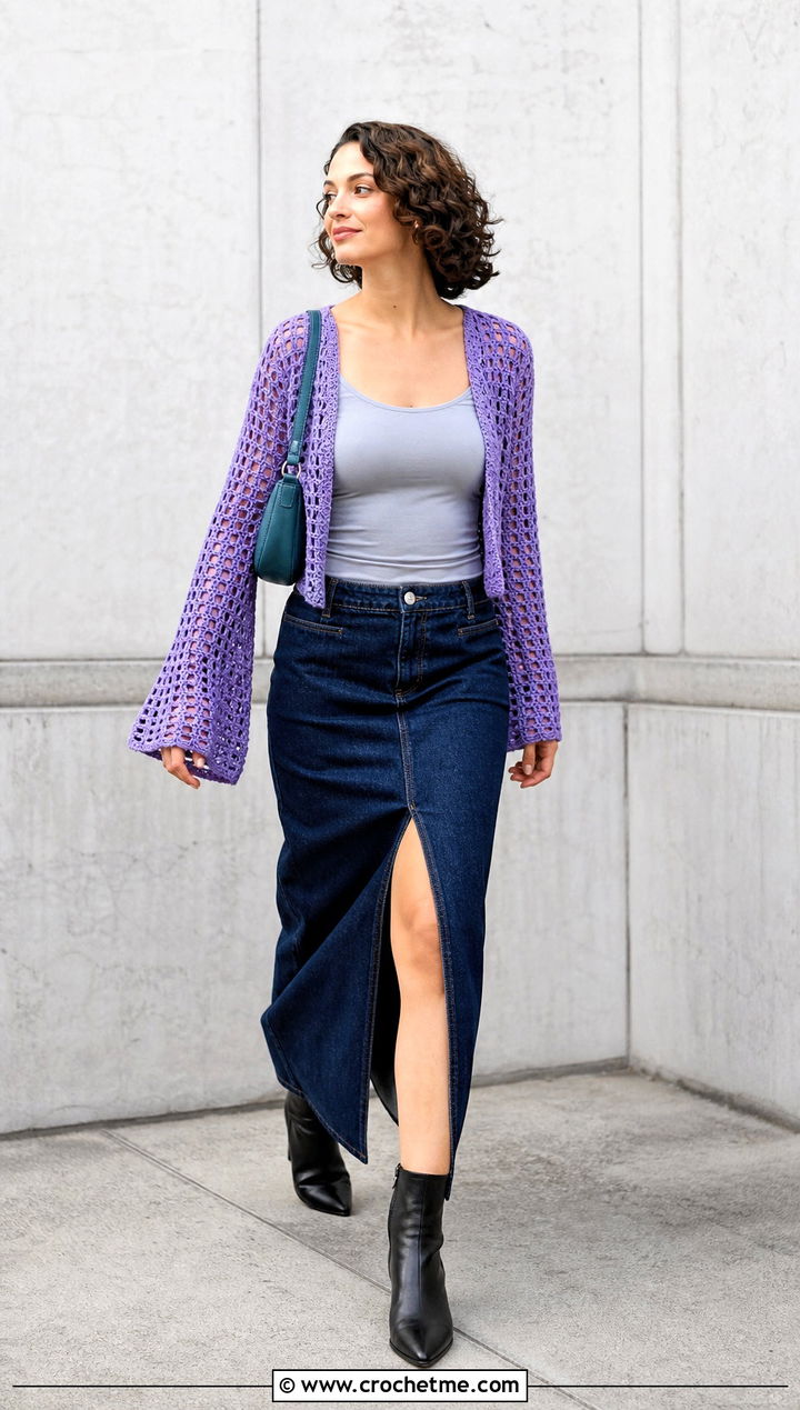 Purple Bell Sleeve Openwork Crochet Sweater With Denim Maxi Skirt - 30 Crochet Purple Sweater outfit ideas