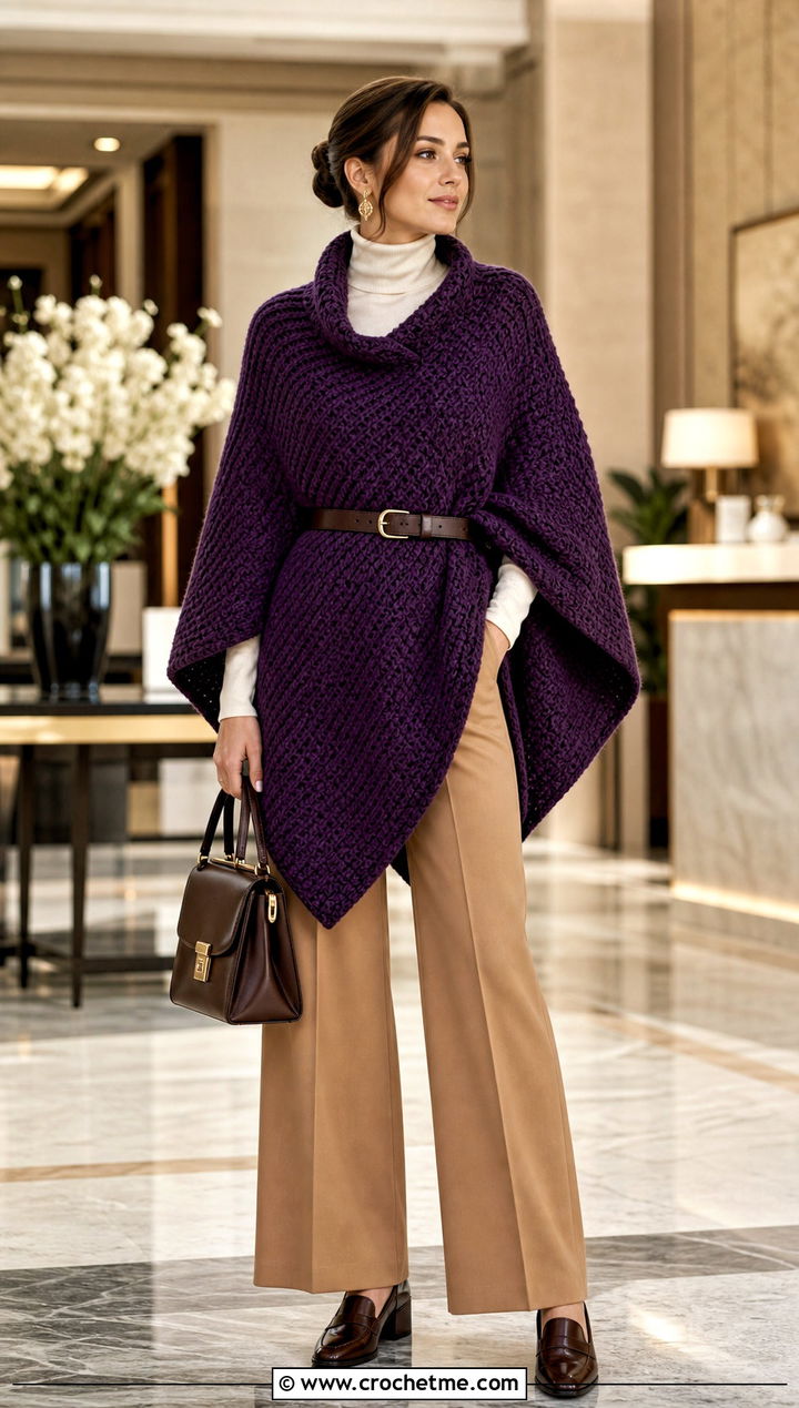 Purple Belted Crocheted Poncho With Wide Leg Trousers - 15 Purple Crocheted Poncho outfit ideas