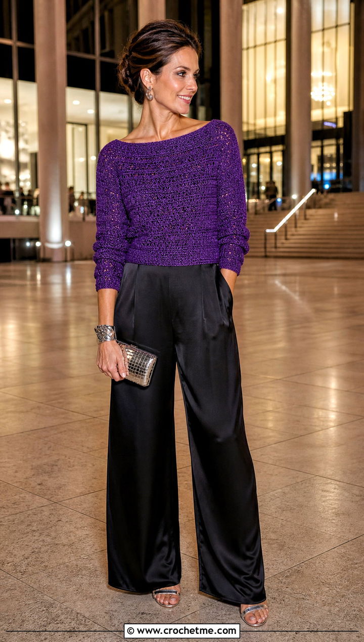 Purple Boat Neck Crochet Sweater With Silk Pants - 15 Purple Crochet Sweater outfit ideas