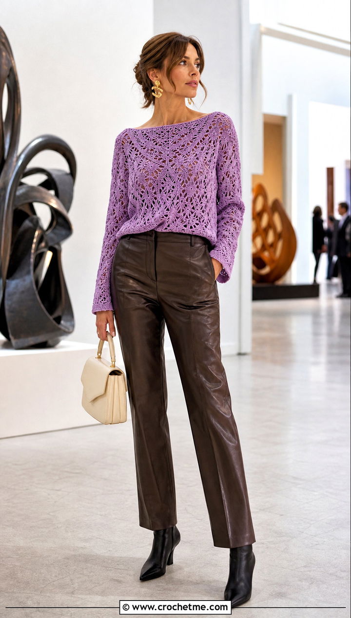 Purple Boat Neck Lace Crochet Sweater With Leather Pants - 30 Crochet Purple Sweater outfit ideas