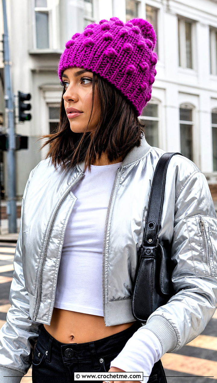Purple Bobble Stitch Crochet Beanie With Bomber Jacket - 30 purple crochet beanie outfit ideas