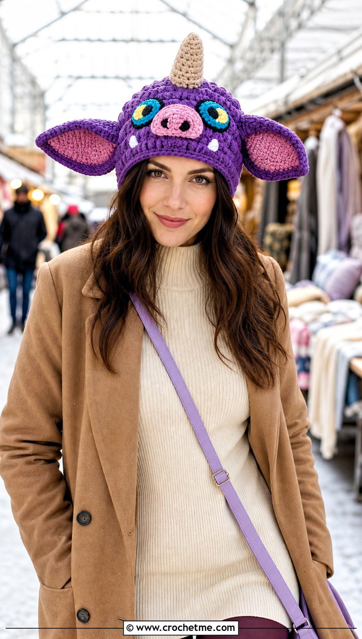 Purple Bokoblin Crochet Hat With Sweater Dress - 15 Bokoblin Crochet Hat outfit ideas