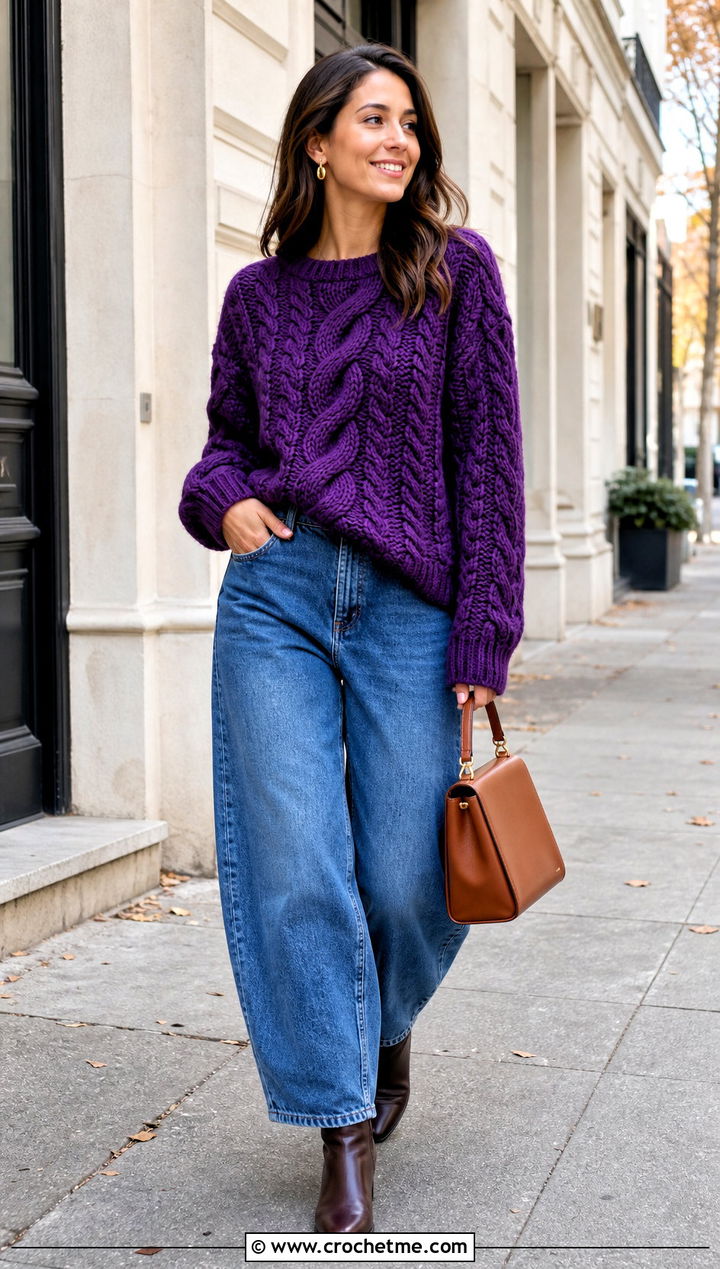 Purple Cable Crochet Sweater With Barrel Jeans - 15 Purple Crochet Sweater outfit ideas
