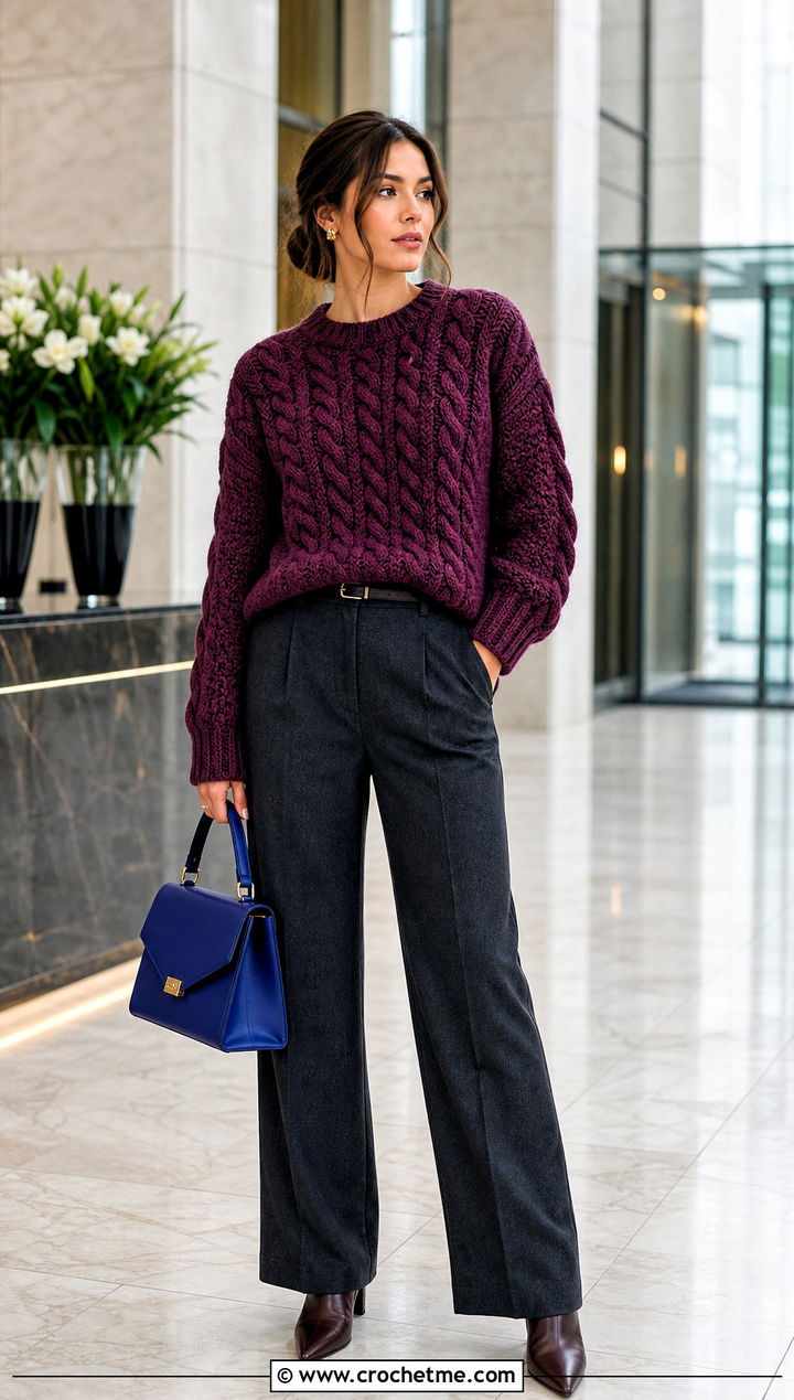 Purple Cable Look Crochet Sweater With Wool Trousers - 30 Crochet Purple Sweater outfit ideas