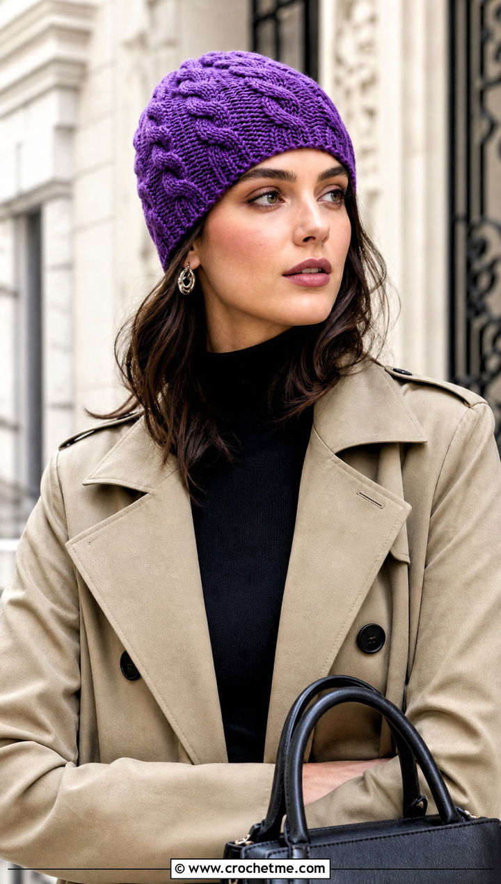 Purple Cable Stitch Crochet Beanie With Trench Coat - 30 purple crochet beanie outfit ideas
