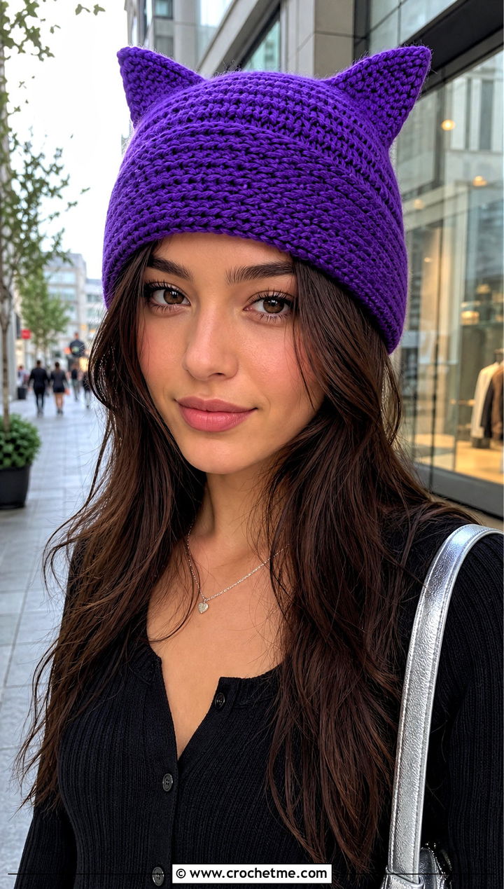Purple Cat Ear Crochet Beanie With Mini Skirt - 30 purple crochet beanie outfit ideas
