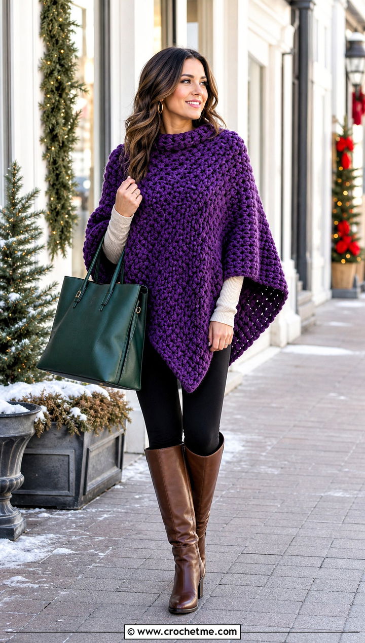 Purple Chunky Crocheted Poncho With Leggings - 15 Purple Crocheted Poncho outfit ideas