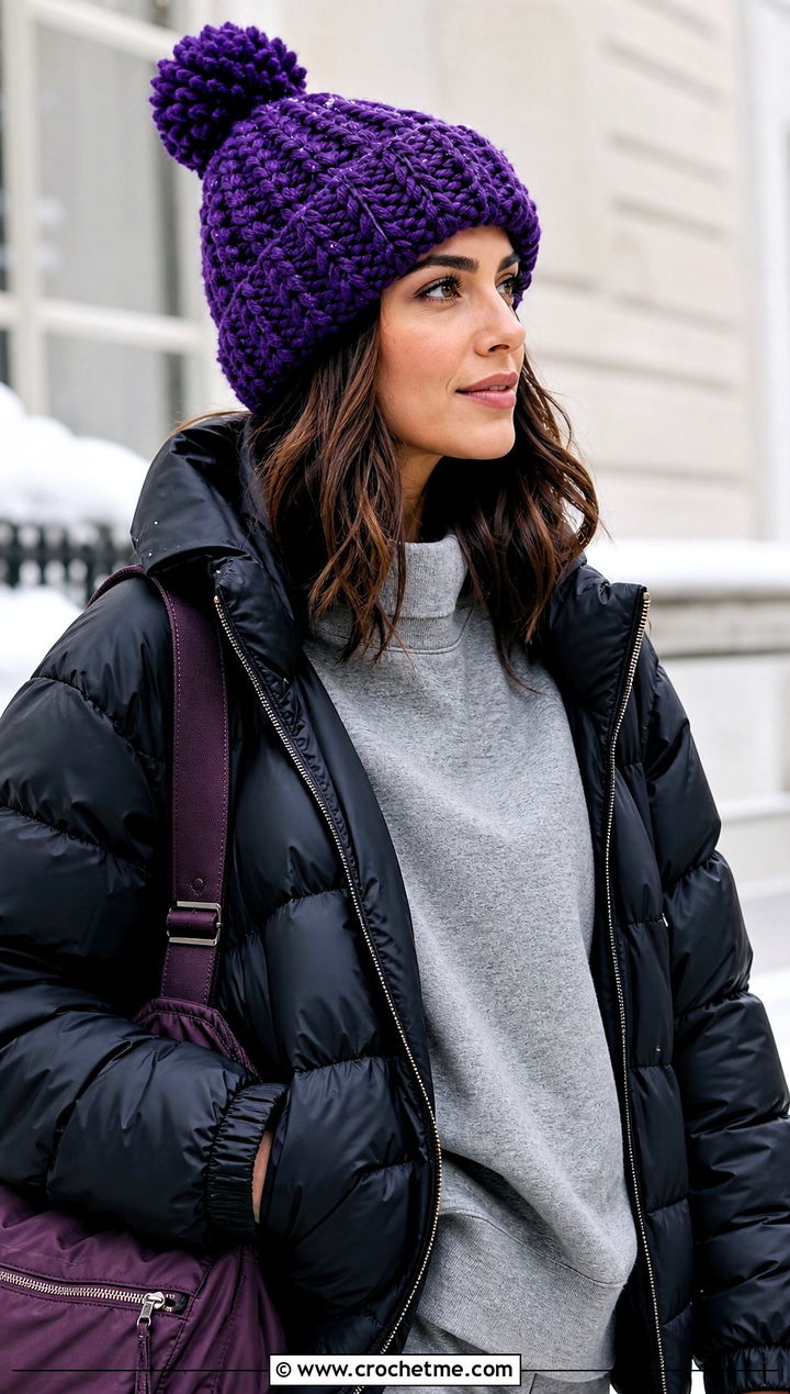 Purple Chunky Pom Pom Crochet Beanie With Puffer Jacket - 30 purple crochet beanie outfit ideas