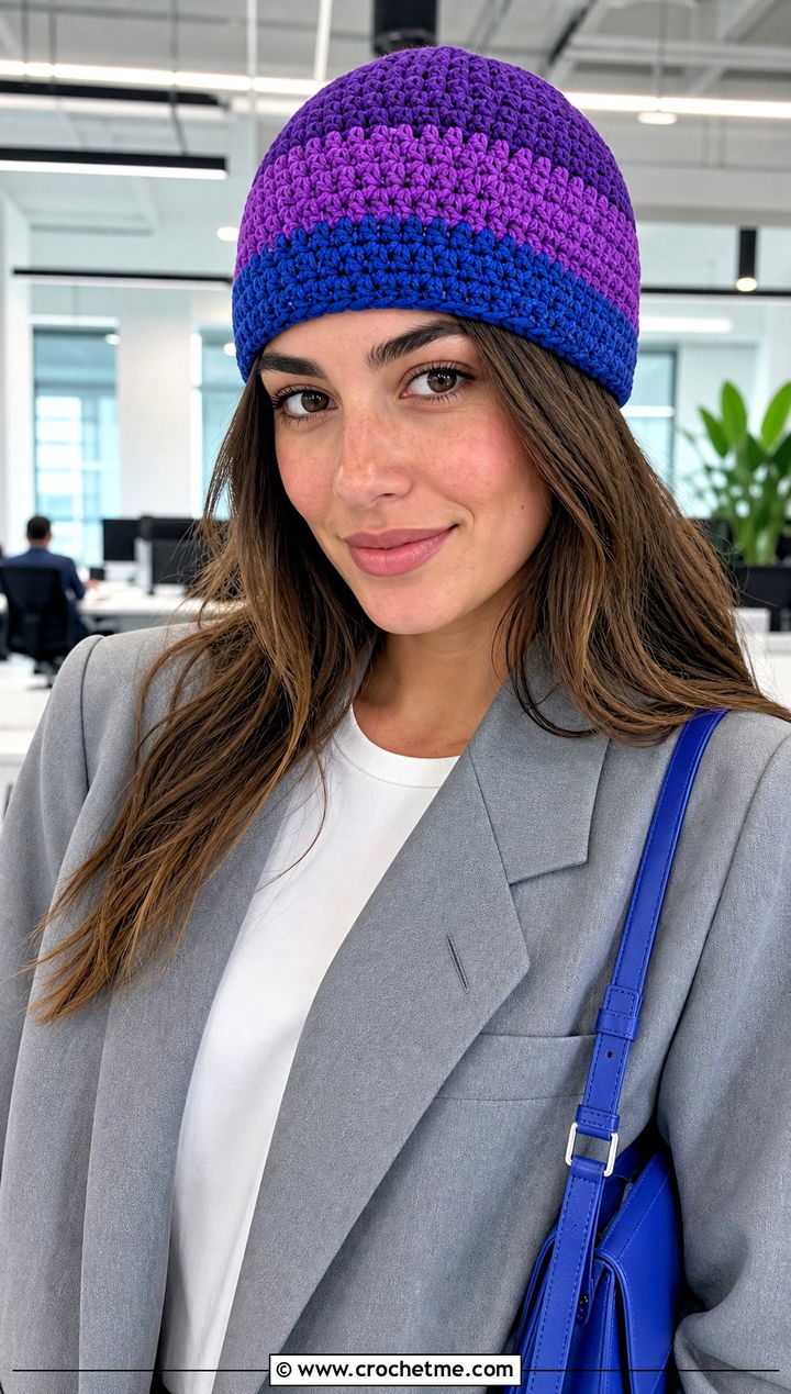 Purple Color Block Crochet Beanie With Monochrome Suit - 30 purple crochet beanie outfit ideas