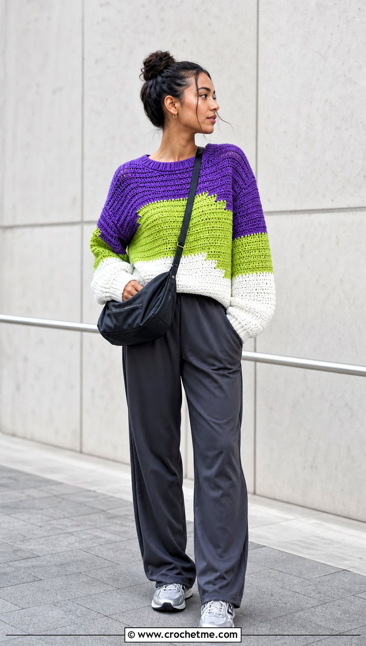 Purple Color Block Crochet Sweater With Track Pants - 30 Crochet Purple Sweater outfit ideas