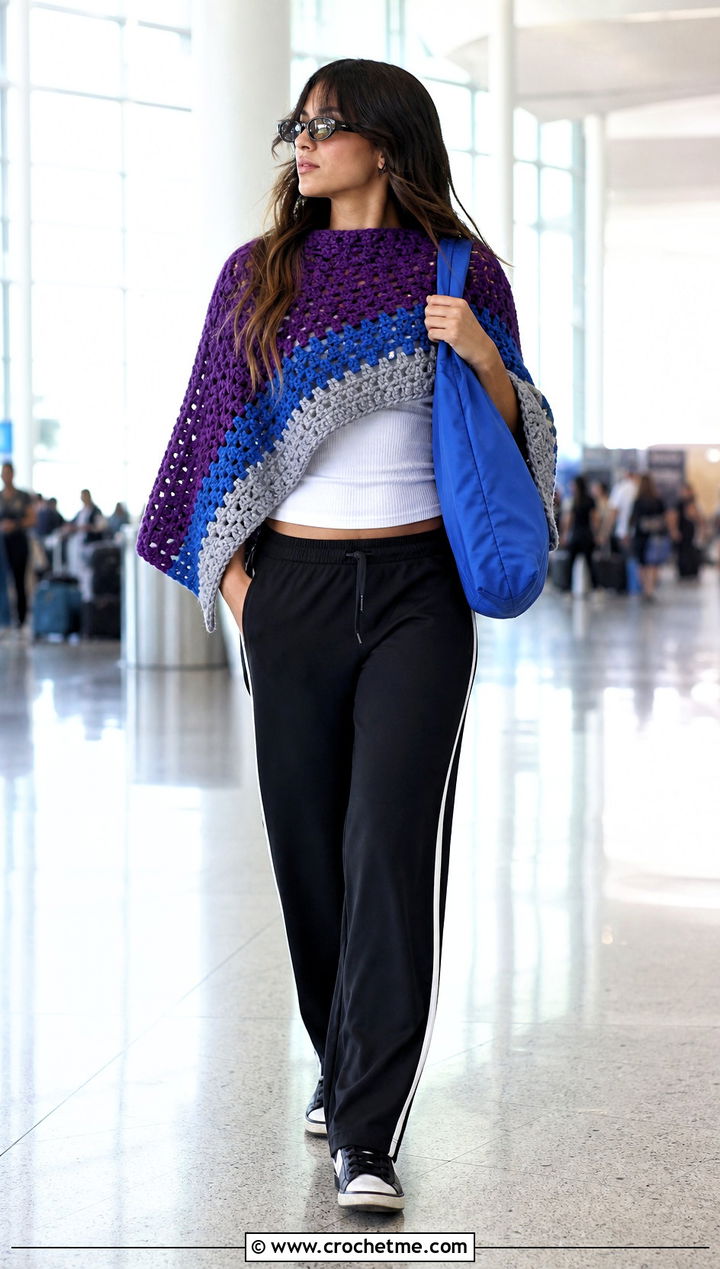 Purple Color Block Crocheted Poncho With Track Pants - 15 Purple Crocheted Poncho outfit ideas