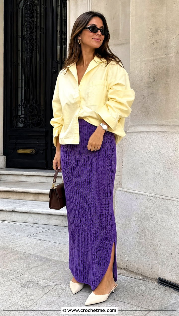 Purple Column Crochet Skirt With Oversized Poplin Shirt - 30 purple crochet skirt outfit ideas