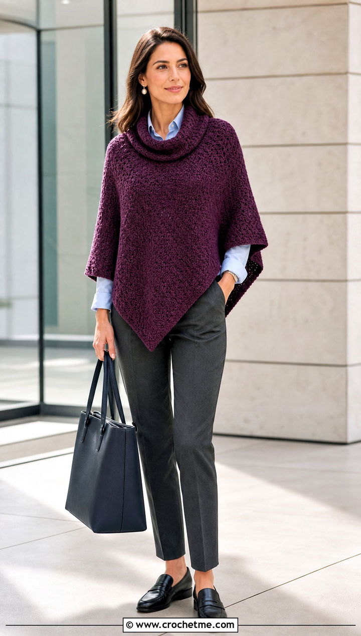 Purple Cowl Neck Crocheted Poncho With Tailored Trousers - 15 Purple Crocheted Poncho outfit ideas