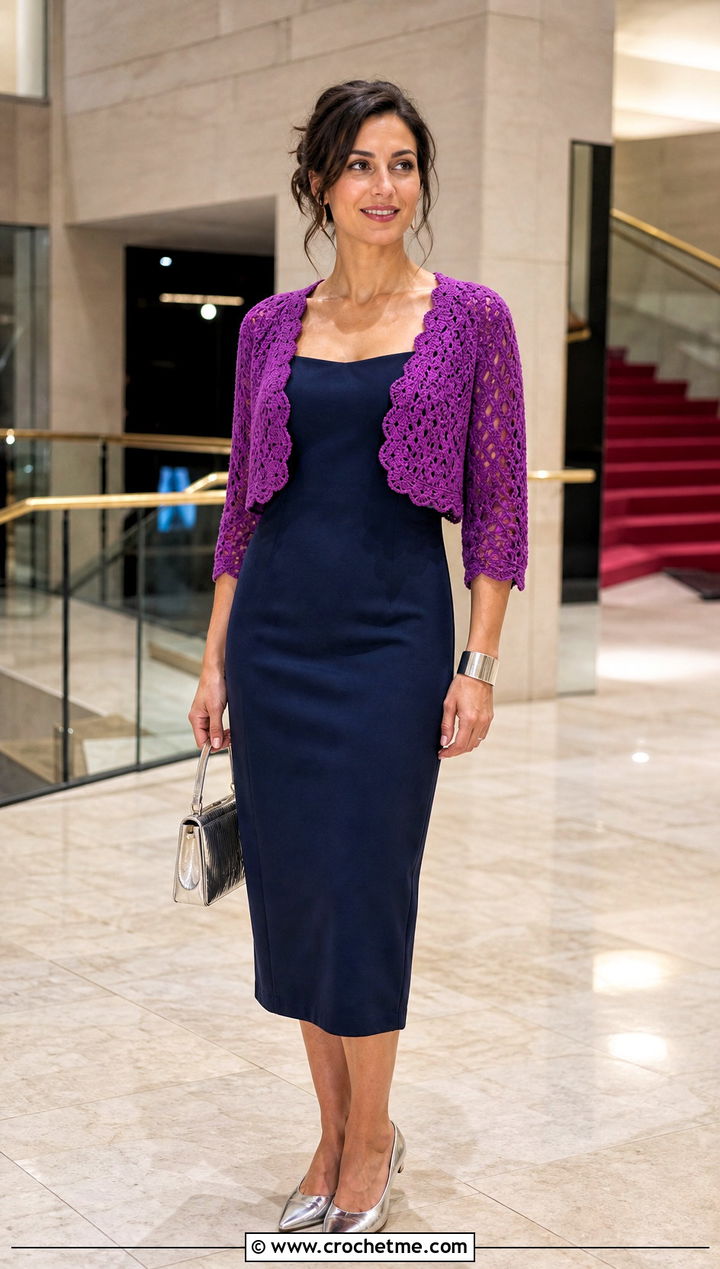 Purple Crochet Bolero Cardigan With Column Dress - 15 purple crochet cardigan on hanger outfit ideas