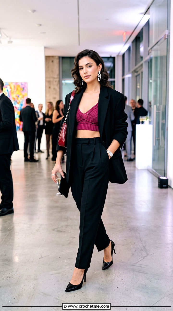 Purple Crochet Bralette Top With Oversized Suit - 15 purple crochet top design outfit ideas