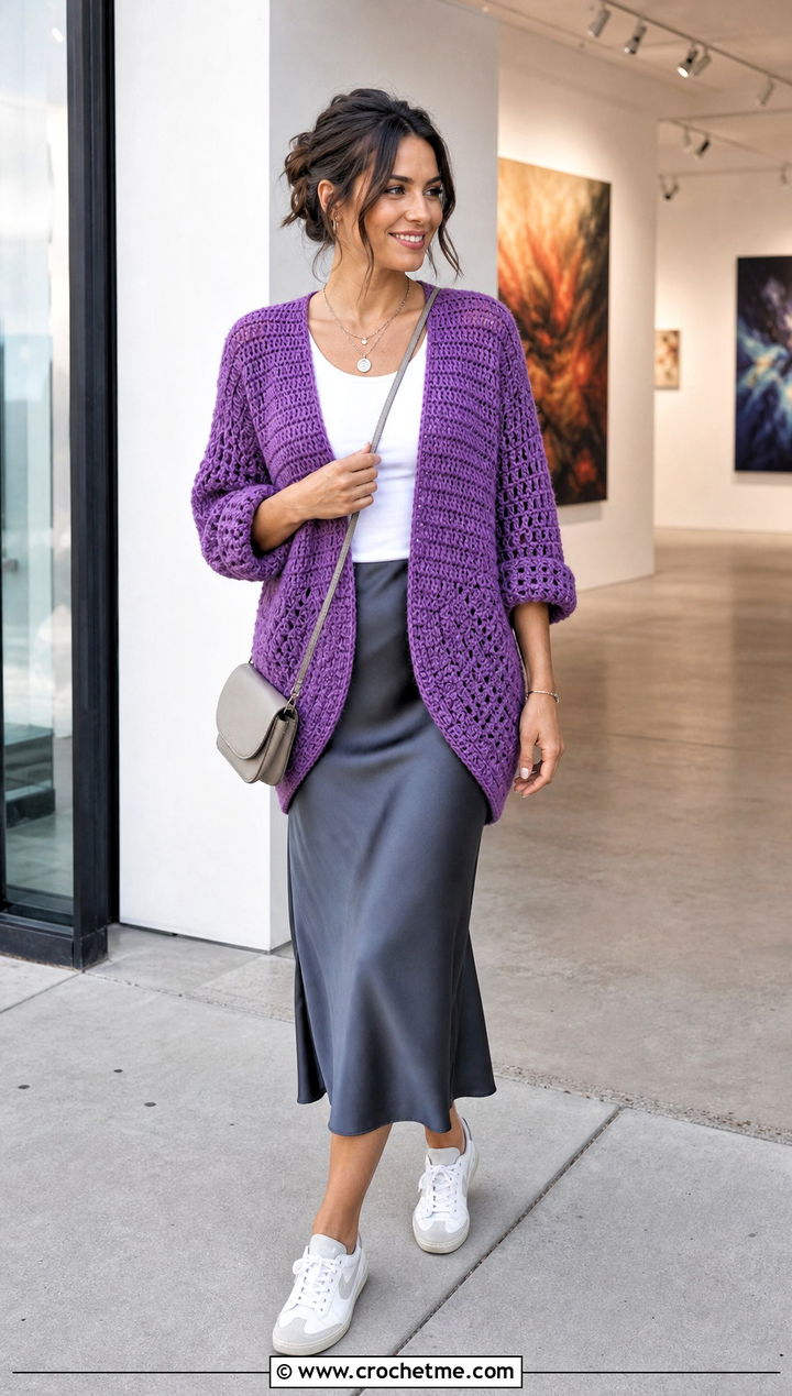 Purple Crochet Cocoon Cardigan With Midi Skirt - 35 purple crochet cardigan outfit ideas