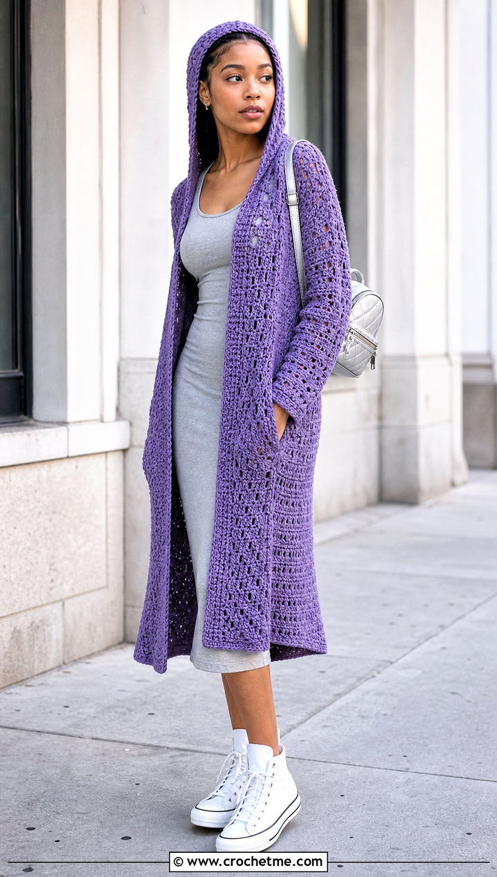 Purple Crochet Hooded Dress With High Top Sneakers - 35 purple crochet dress outfit ideas