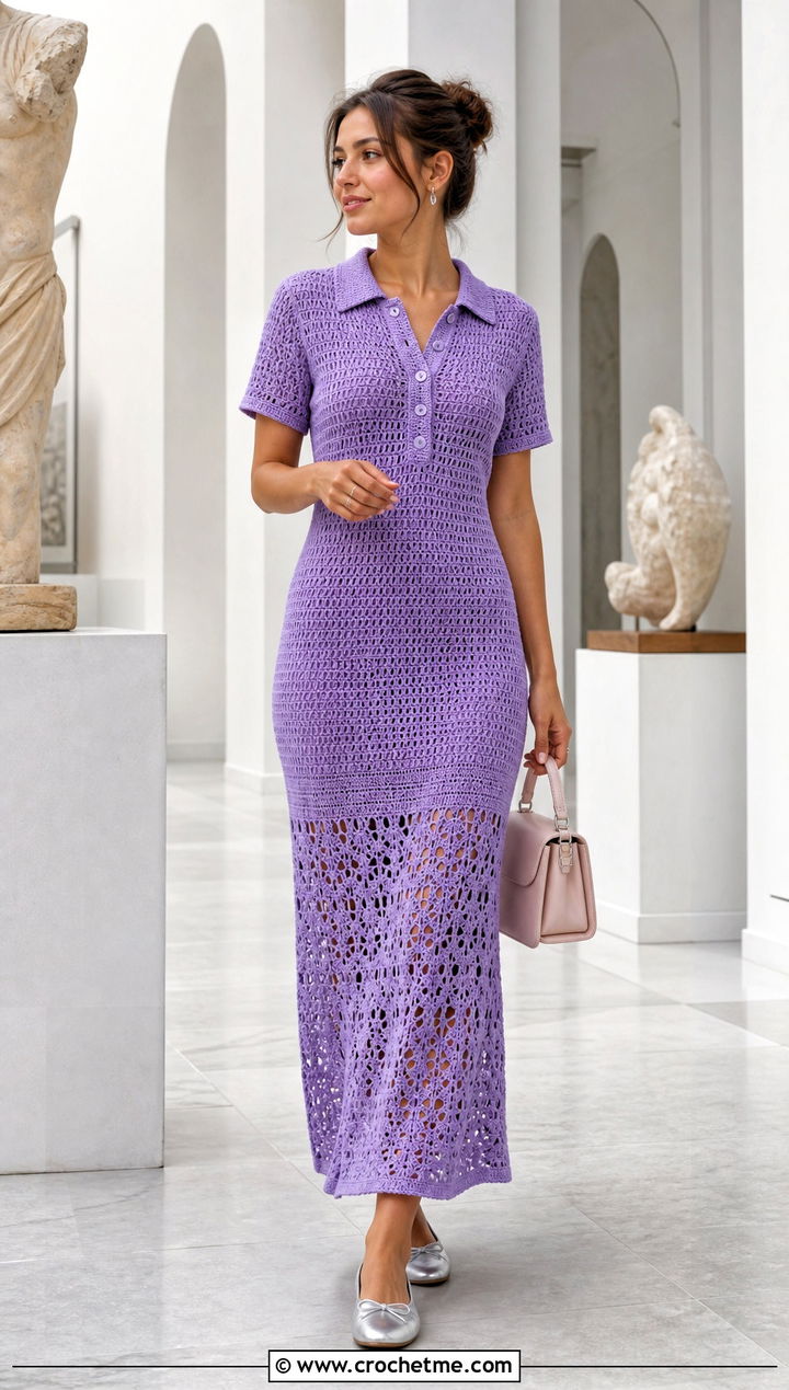 Purple Crochet Polo Maxi Dress With Ballet Flats - 35 purple crochet dress outfit ideas