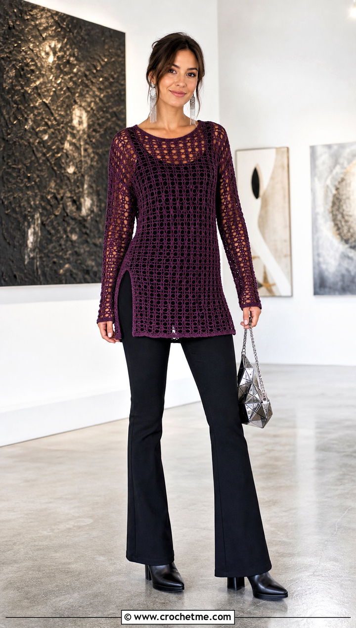 Purple Crochet Tunic Top With Flared Pants - 15 purple crochet top design outfit ideas