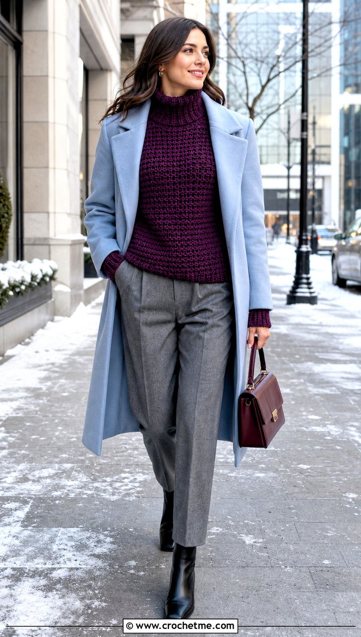 Purple Crochet Turtleneck Sweater With Wool Trousers - 15 Purple Crochet Sweater outfit ideas